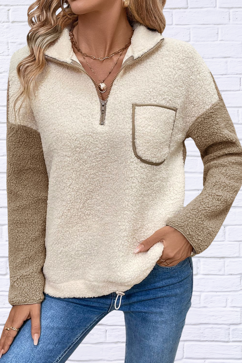 Khaki and Cream  Contrast Half Zip Long Sleeve Sweatshirt