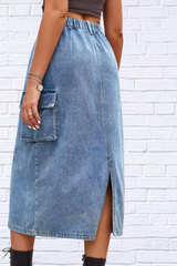 Slit Buttoned Denim Skirt with Pockets