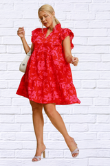 Full Size Two Tone Red and Pink Floral Print Ruffle Cap Sleeve Mini Dress Plus Size