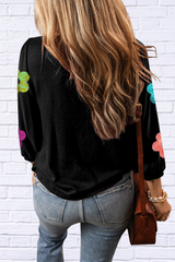 Sequin Flower Round Neck Blouse