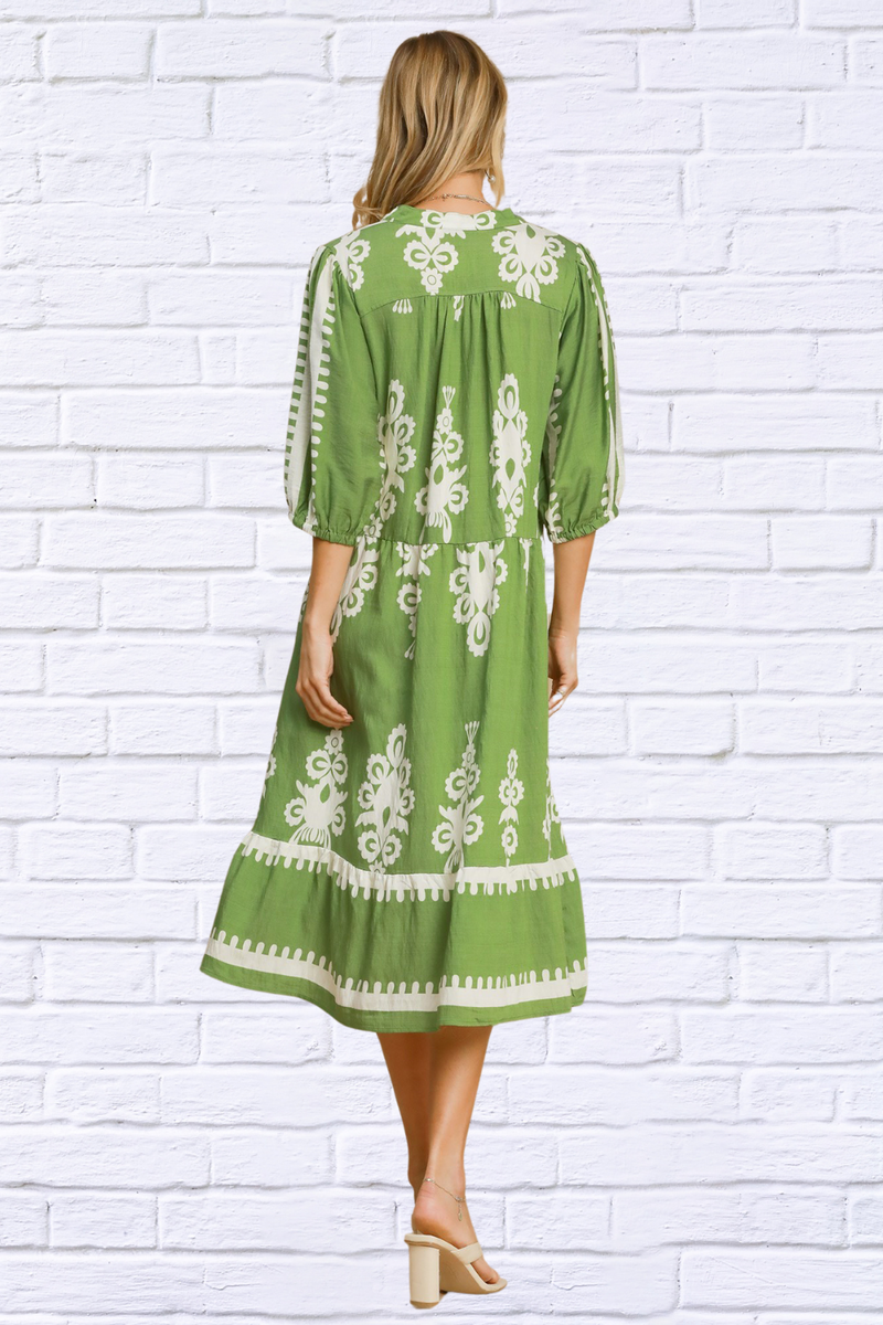 Printed Green and White Notched Midi Dress