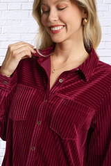 Umgee Burgundy Texture Curved Hem Button Down Shirt Dress