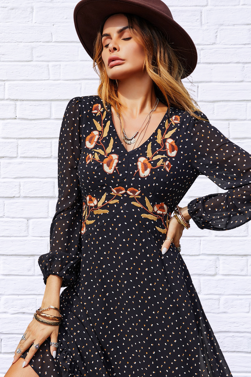 Black Embroidered V-Neck Long Sleeve Dress – Timeless Elegance and Sophistication