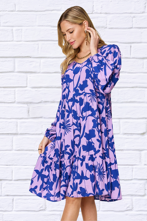 Double Take Full Size Printed Ruffle Hem Long Sleeve Dress