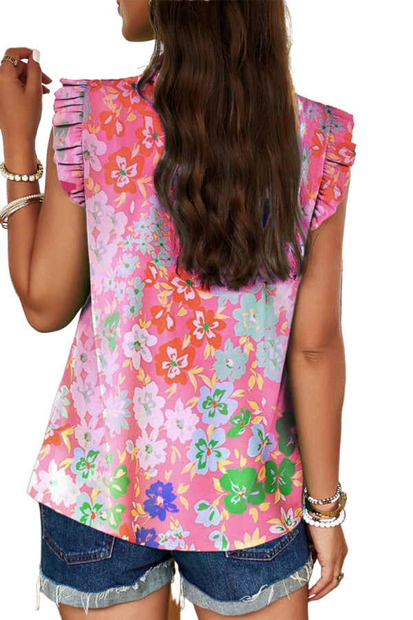 Tayla Ruffled Printed Mock Neck Cap Sleeve Blouse