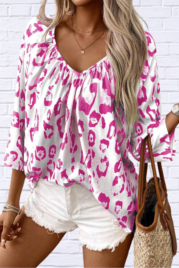 Leopard V-Neck Three-Quarter Sleeve Blouse