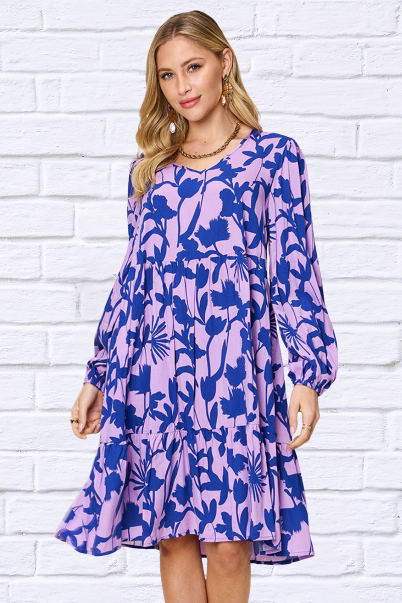 Double Take Full Size Printed Ruffle Hem Long Sleeve Dress