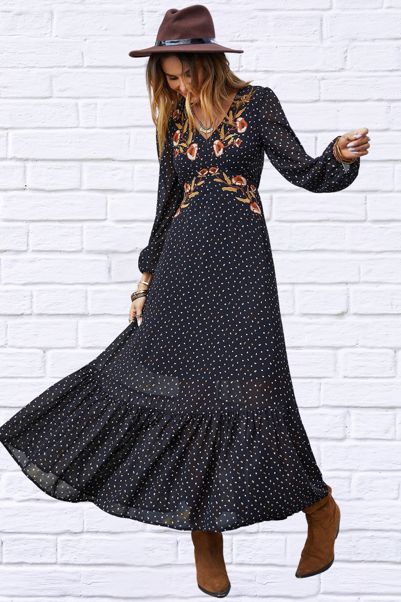 Black Embroidered V-Neck Long Sleeve Dress – Timeless Elegance and Sophistication