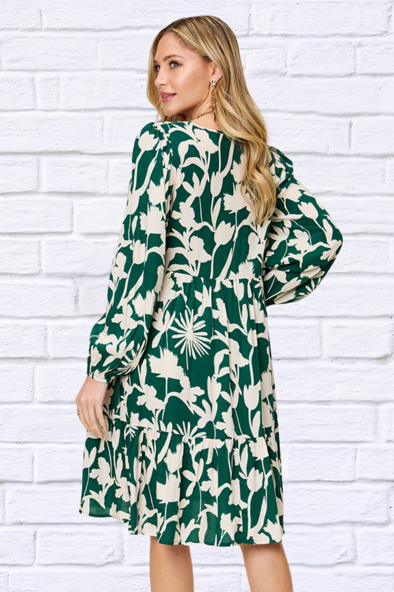 Double Take Full Size Printed Ruffle Hem Long Sleeve Dress