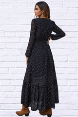 Black Embroidered V-Neck Long Sleeve Dress – Timeless Elegance and Sophistication