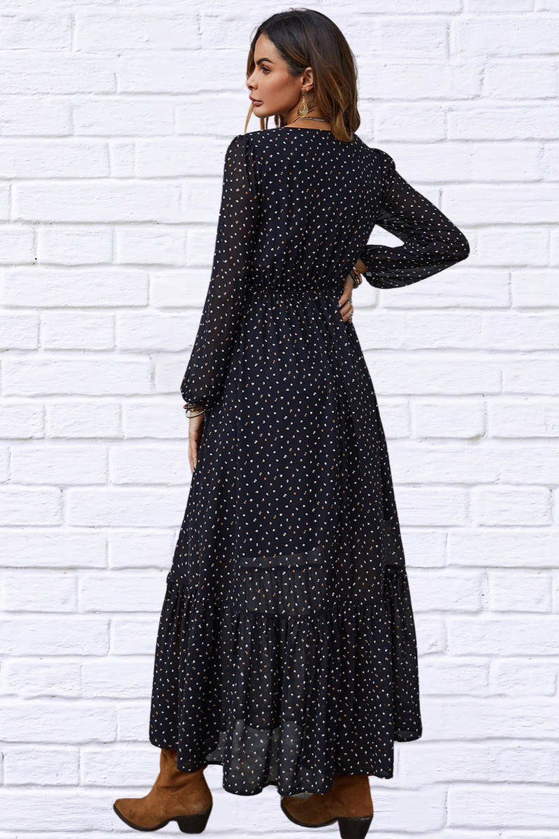 Black Embroidered V-Neck Long Sleeve Dress – Timeless Elegance and Sophistication