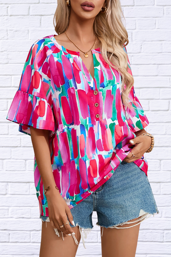 Printed Notched Half Sleeve Blouse