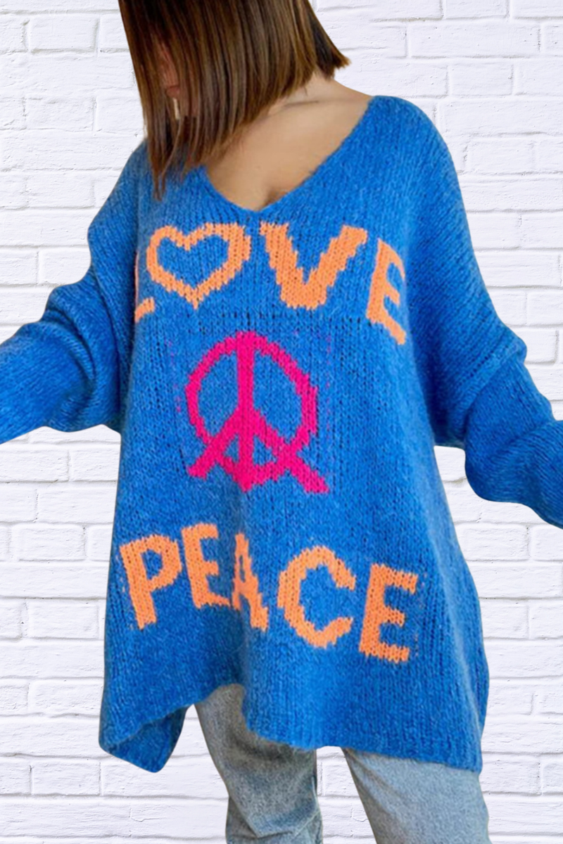 Peace Graphic V-Neck Long Sleeve Sweater