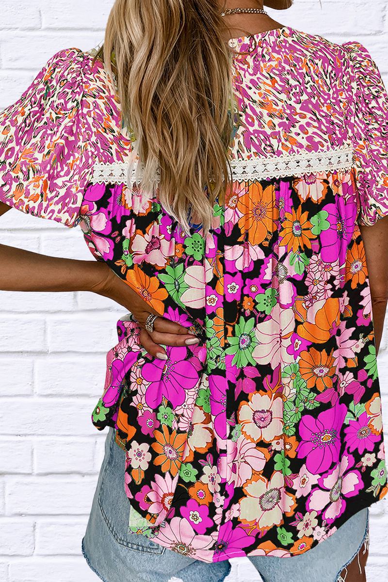 Printed Round Neck Puff Sleeve Blouse