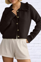 Frill Button Up Collared Neck Long Sleeve Cardigan