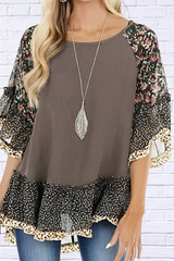 Full Size Frill Printed Round Neck Half Sleeve Blouse