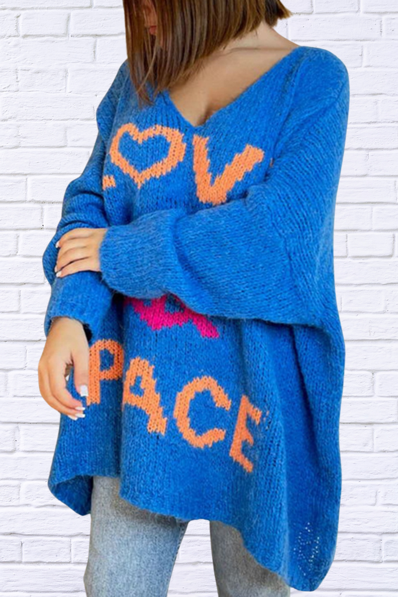 Peace Graphic V-Neck Long Sleeve Sweater