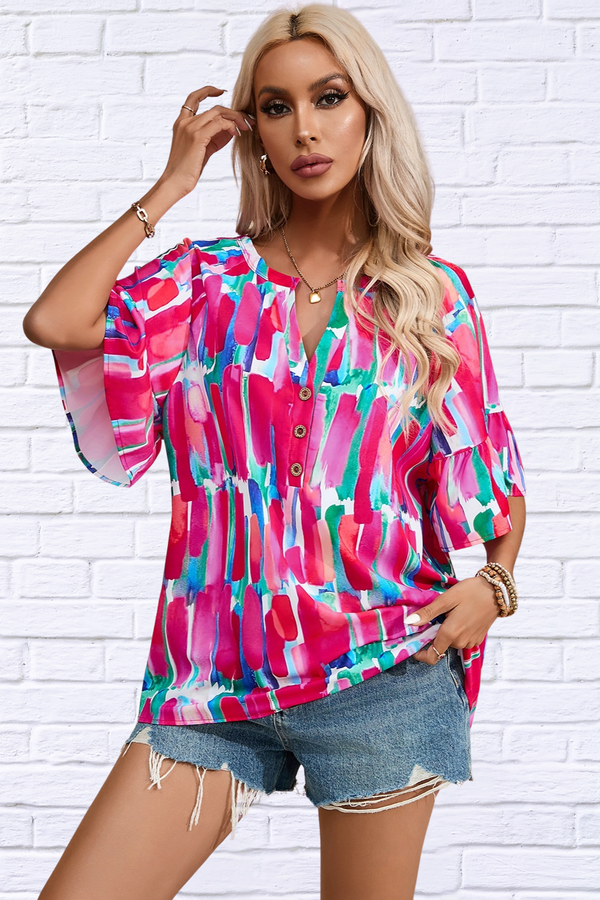 Printed Notched Half Sleeve Blouse