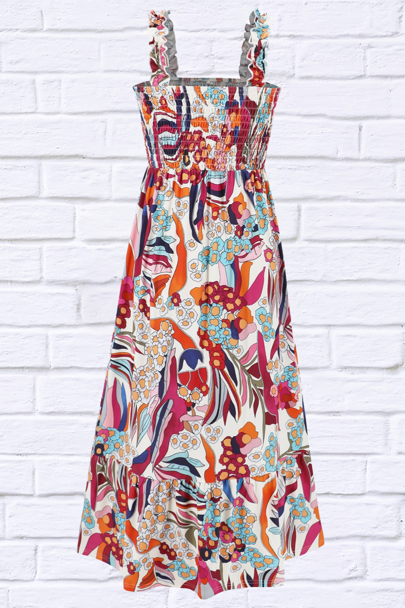 Smocked Printed Square Neck Sleeveless Dress