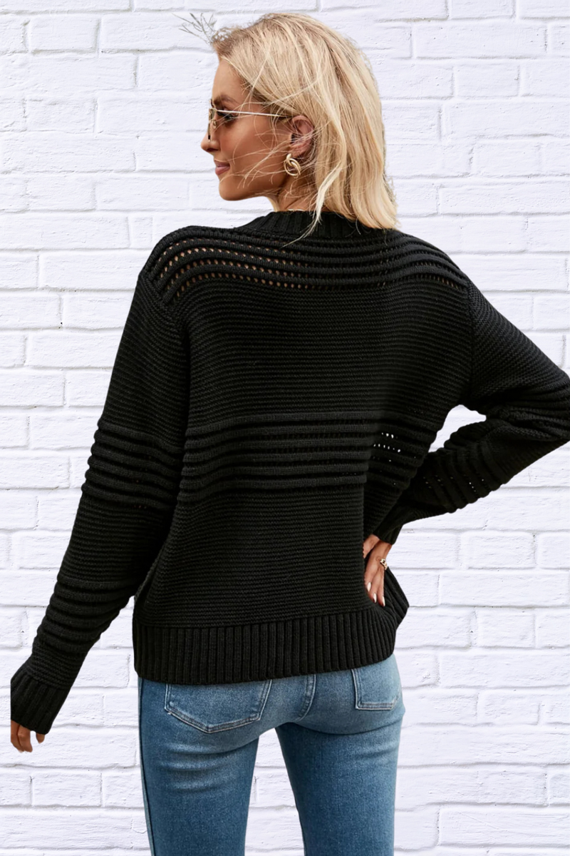 Round Neck Openwork Long Sleeve Pullover Sweater