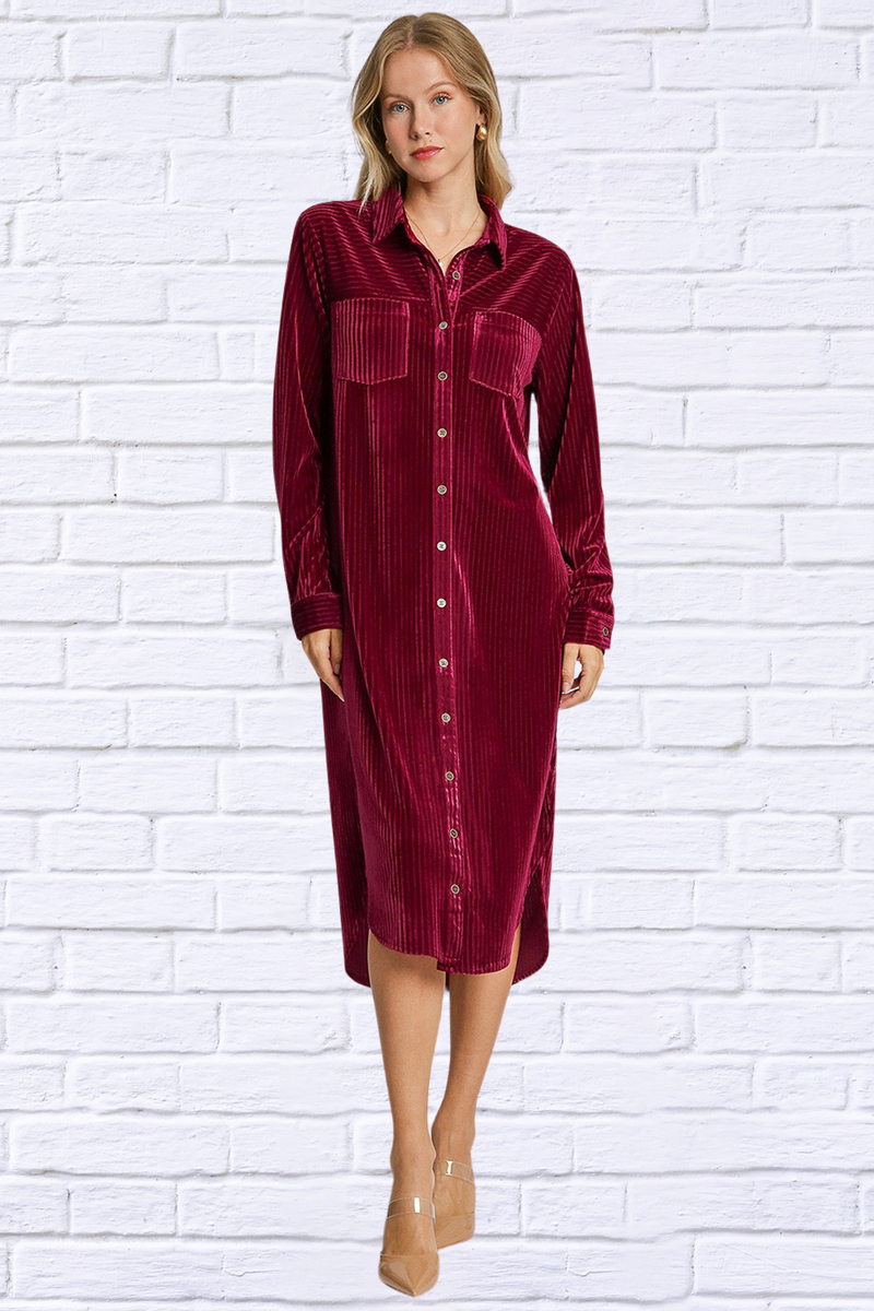 Umgee Burgundy Texture Curved Hem Button Down Shirt Dress