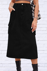 Slit Buttoned Denim Skirt with Pockets