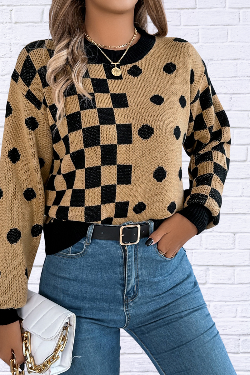 Plaid Round Neck Long Sleeve Sweater