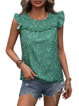 Ruffled Printed Round Neck Cap Sleeve Blouse