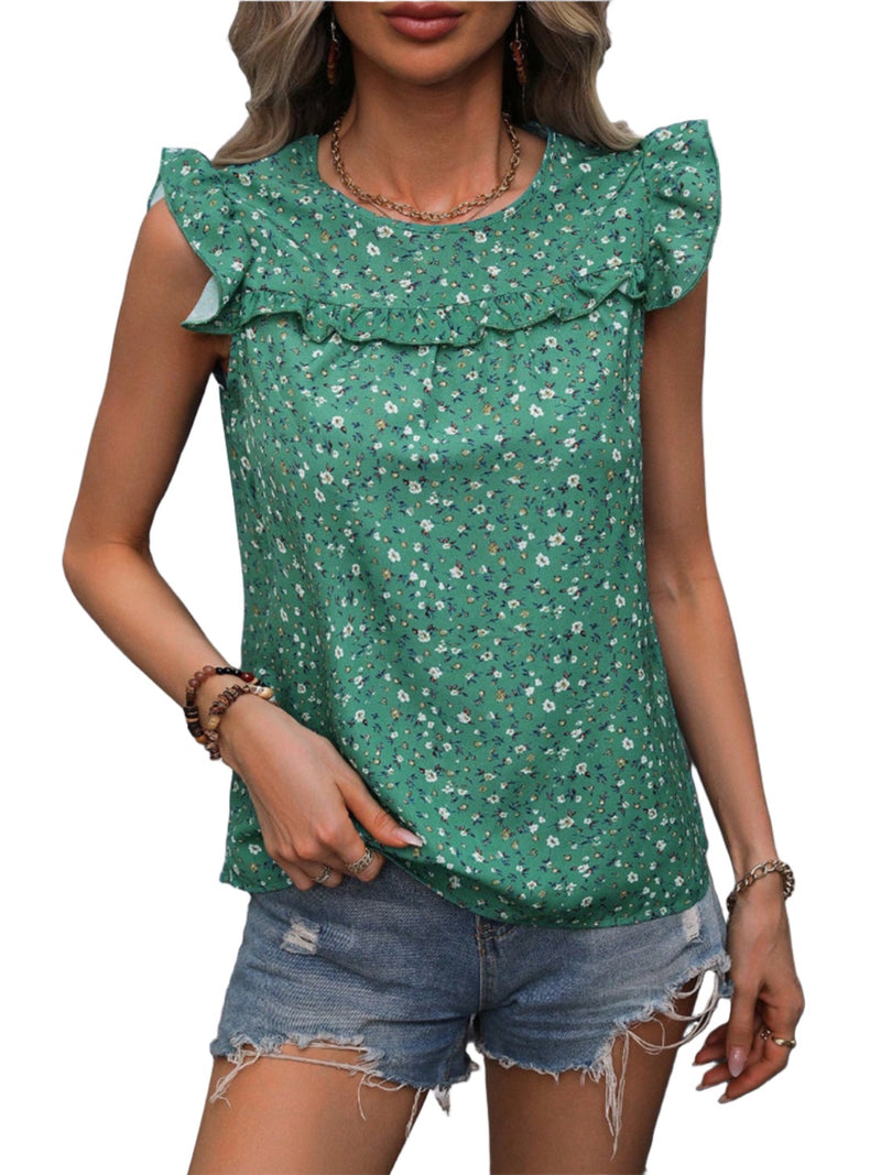 Ruffled Printed Round Neck Cap Sleeve Blouse