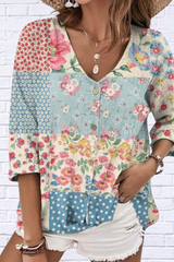 Full Size Printed V-Neck Blouse