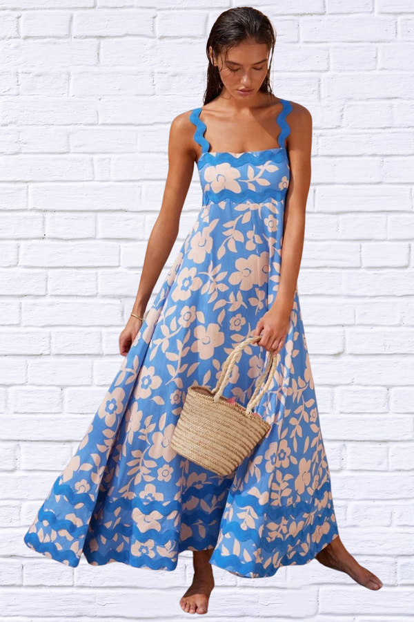 Printed Square Neck Wide Strap Dress