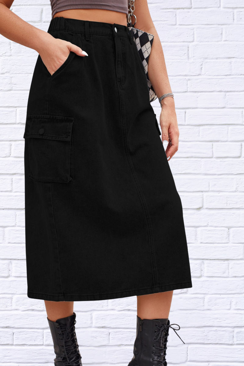 Slit Buttoned Denim Skirt with Pockets