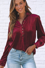 Frill Half Button Mock Neck Long Sleeve Blouse