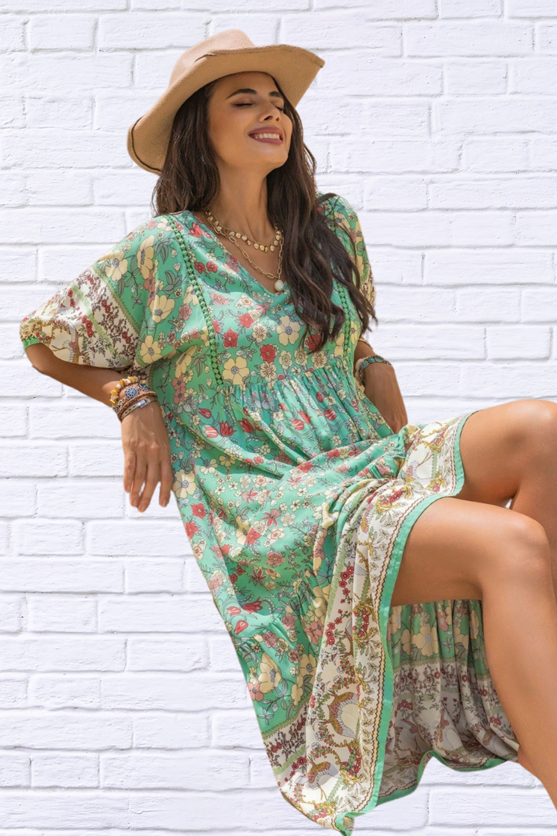 Ruched Printed Puff Sleeve Midi Dress – A Spring Must-Have