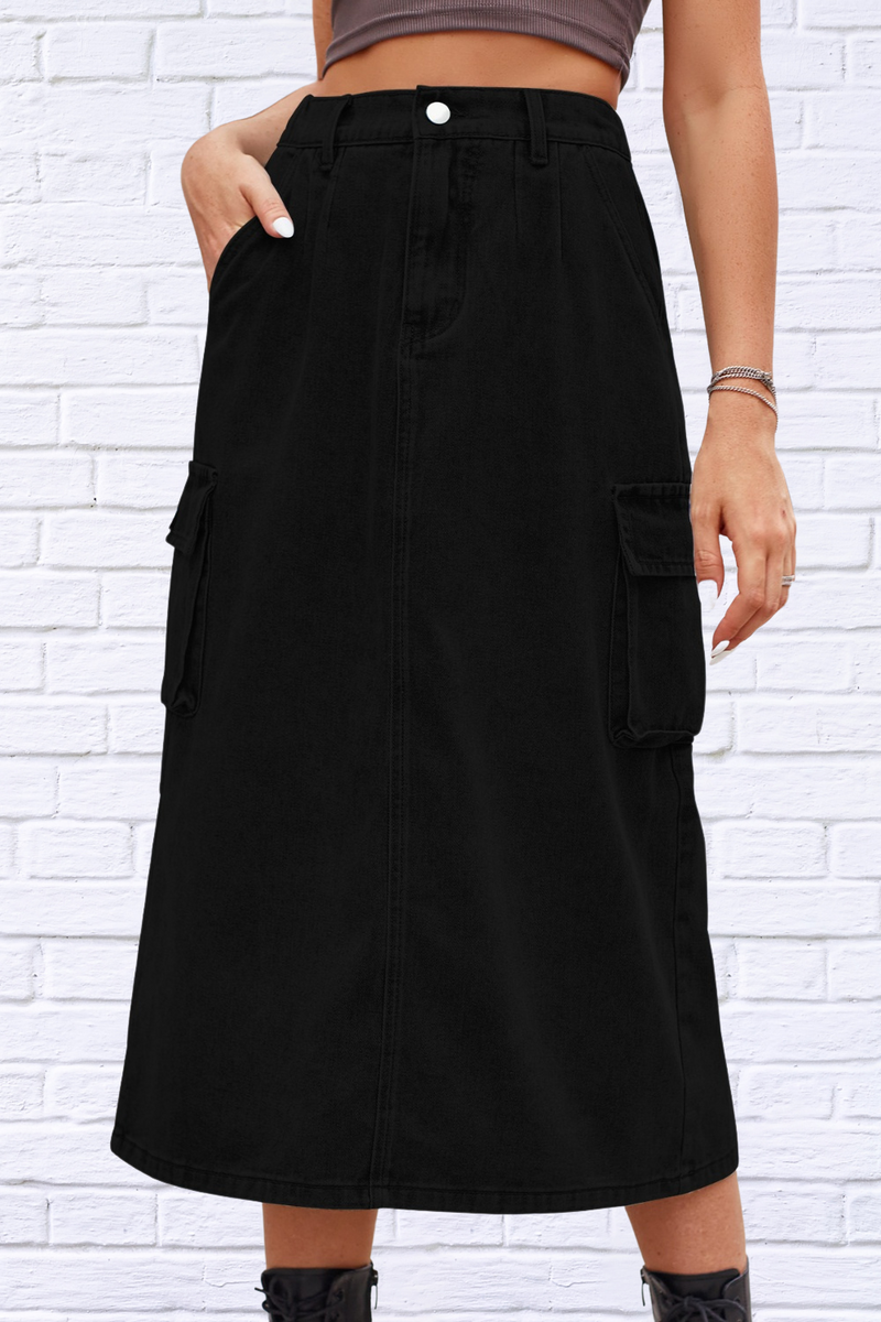 Slit Buttoned Denim Skirt with Pockets