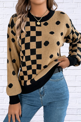 Plaid Round Neck Long Sleeve Sweater