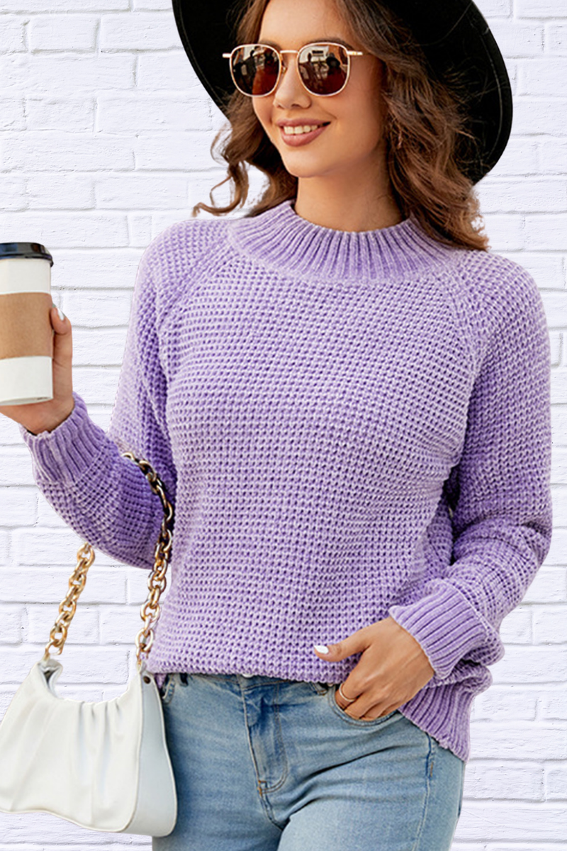 Waffle-Knit Round Neck Reglan Sleeve Sweater