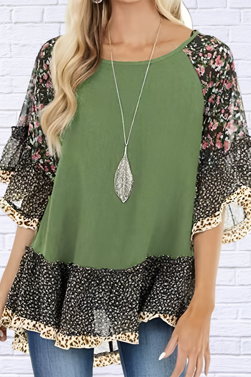 Full Size Frill Printed Round Neck Half Sleeve Blouse