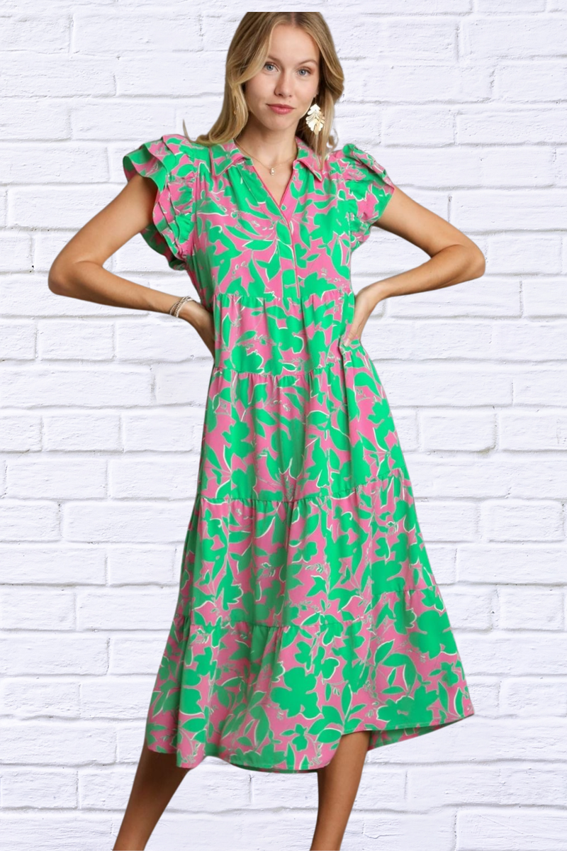 Full Size Floral Green and Pink Collared Ruffle Cap Sleeve Midi Dress Plus Size