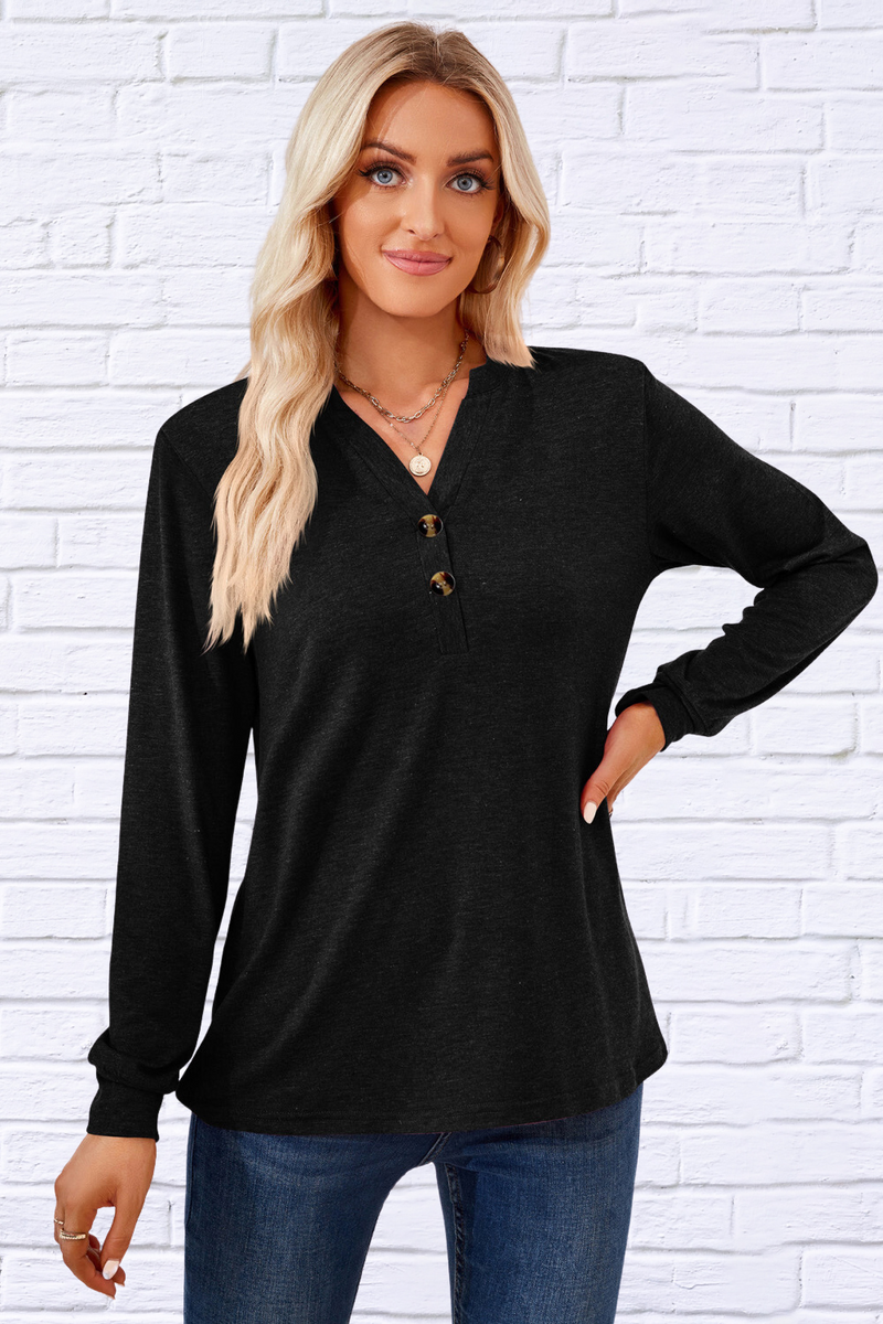 V-Neck Buttoned Long Sleeve Blouse