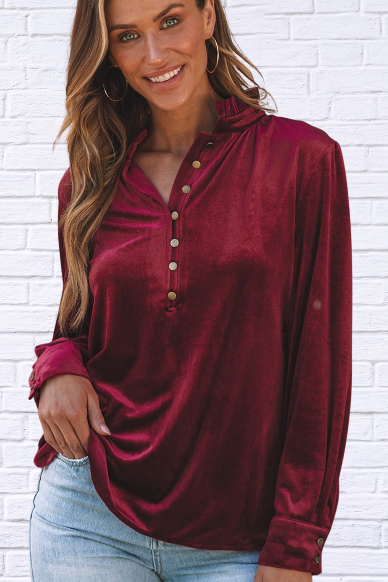 Frill Half Button Mock Neck Long Sleeve Blouse