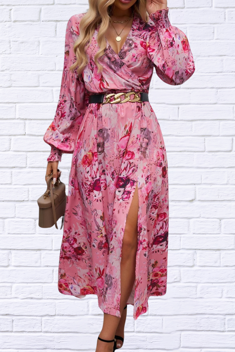 Split Printed Surplice Long Sleeve Midi Dress