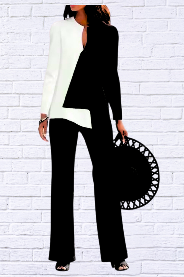 Black and White Color Blocking Long Sleeve Top Long Pants Two-piece Set