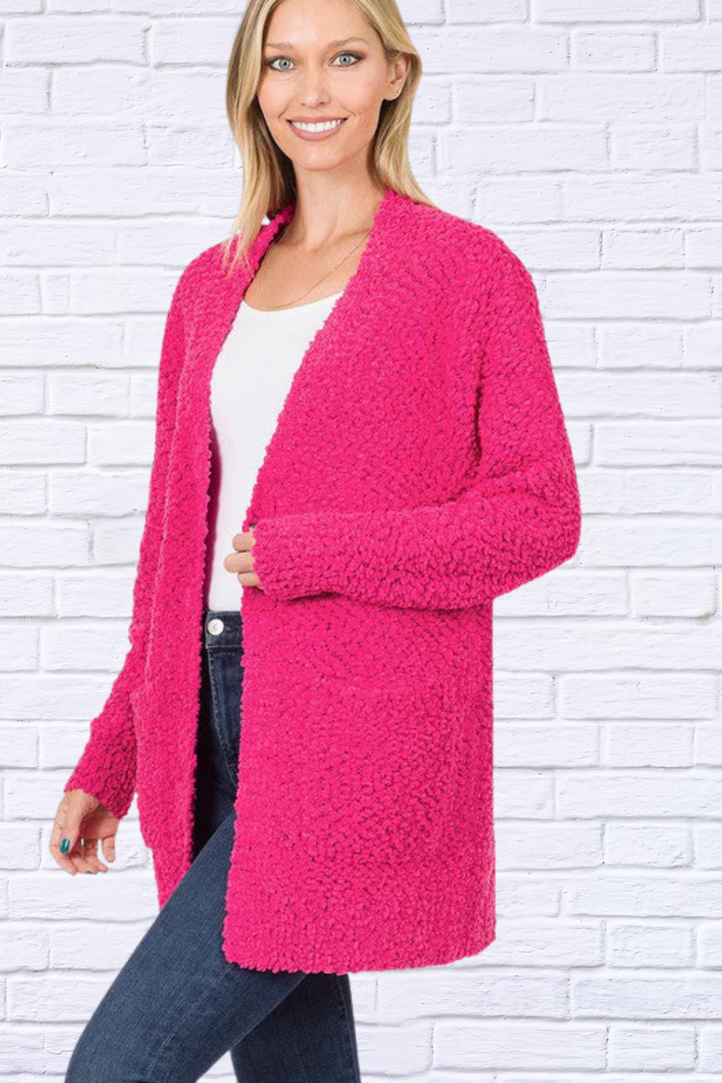 Long Sleeve Popcorn Sweater Cardigan with Pockets Hot Pink