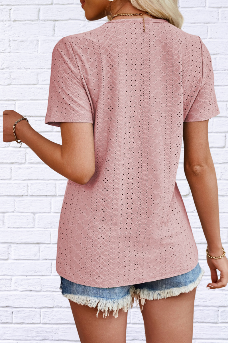 Eyelet V-Neck Short Sleeve Top