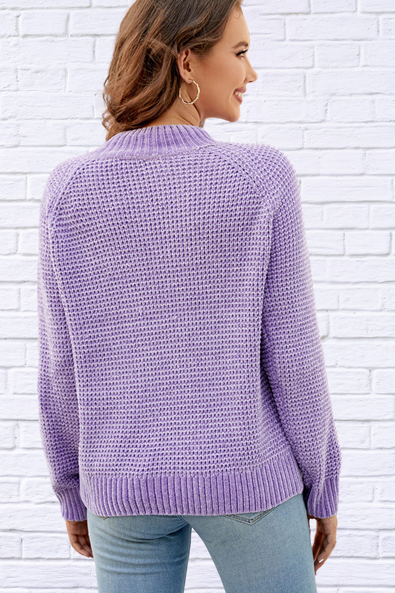 Waffle-Knit Round Neck Reglan Sleeve Sweater