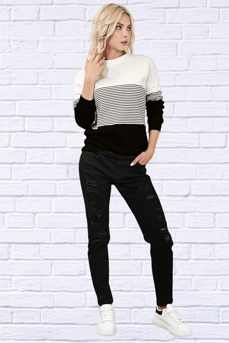 Striped Color Block Long Sleeve Knit Top