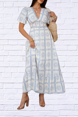 Smocked Printed V-Neck Short Sleeve Maxi Dress