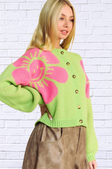 Flower Contrast Round Neck Long Sleeve Cardigan