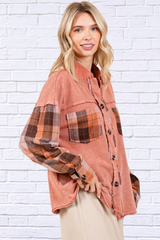 Button Down Terracotta Contrast Plaid Patchwork Shacket